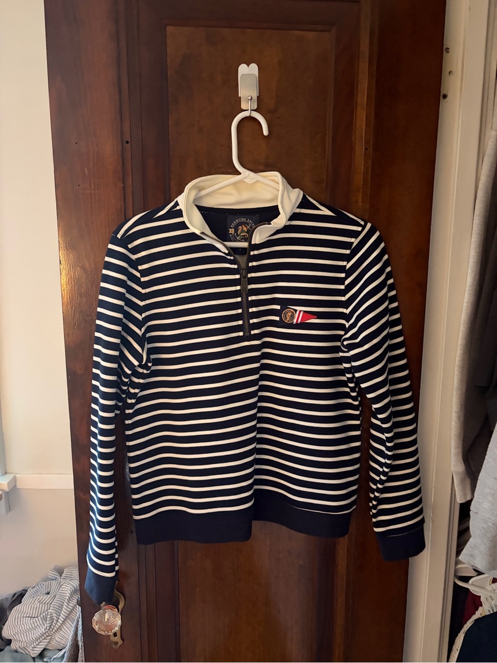 Kiel James Patrick Navy & White Striped Bermuda Shirt with Nautical Patch
